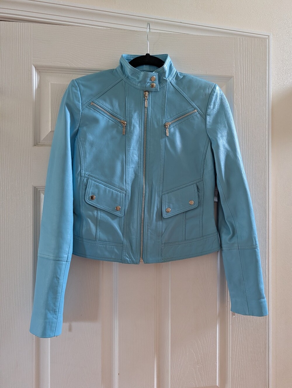 Cache Light Blue Real Leather Zip Front Jacket
